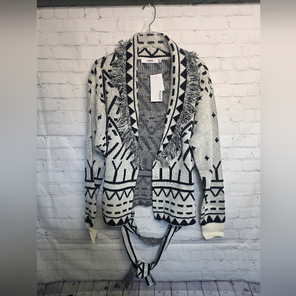 JustFab Black and White Geometric Fringe Cardigan